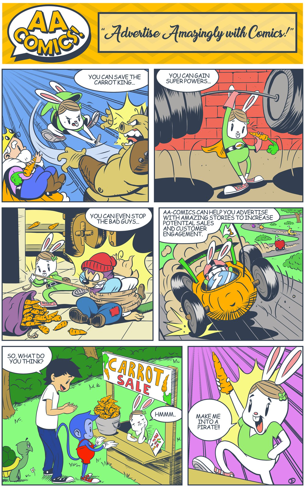 This is a AA-Comics sample where Mel Lemon and Sam offer Cassie the opportunity to become anyone she wants to be in her own comic strip to help her sell more carrots. 